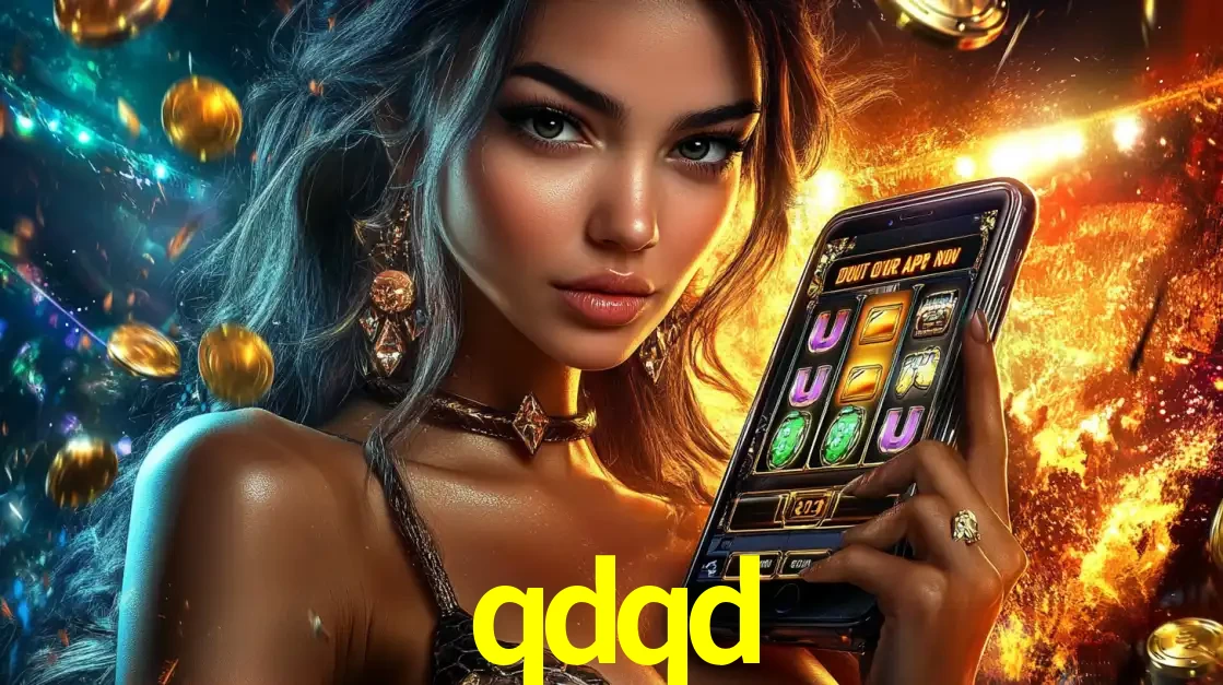 Mulher elegante mostrando um jogo de caça-níqueis em seu smartphone, destacando a experiência de cassino móvel oferecida pelo aplicativo qdqd.